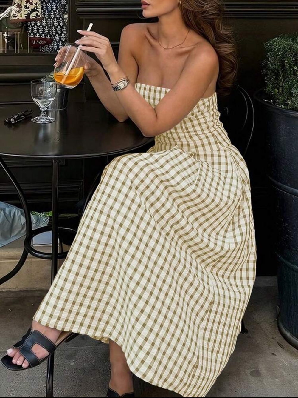 Strapless Gingham checkered Maxi Dress - Cream & tan - Picture 5 of 7